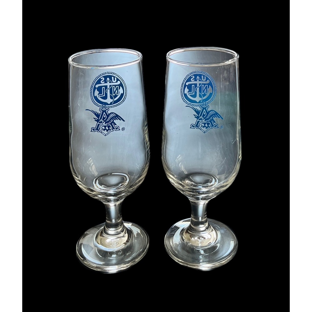 Set Of 2‎ Anheuser Busch United States Navy League USNL Stemmed Beer Glasses